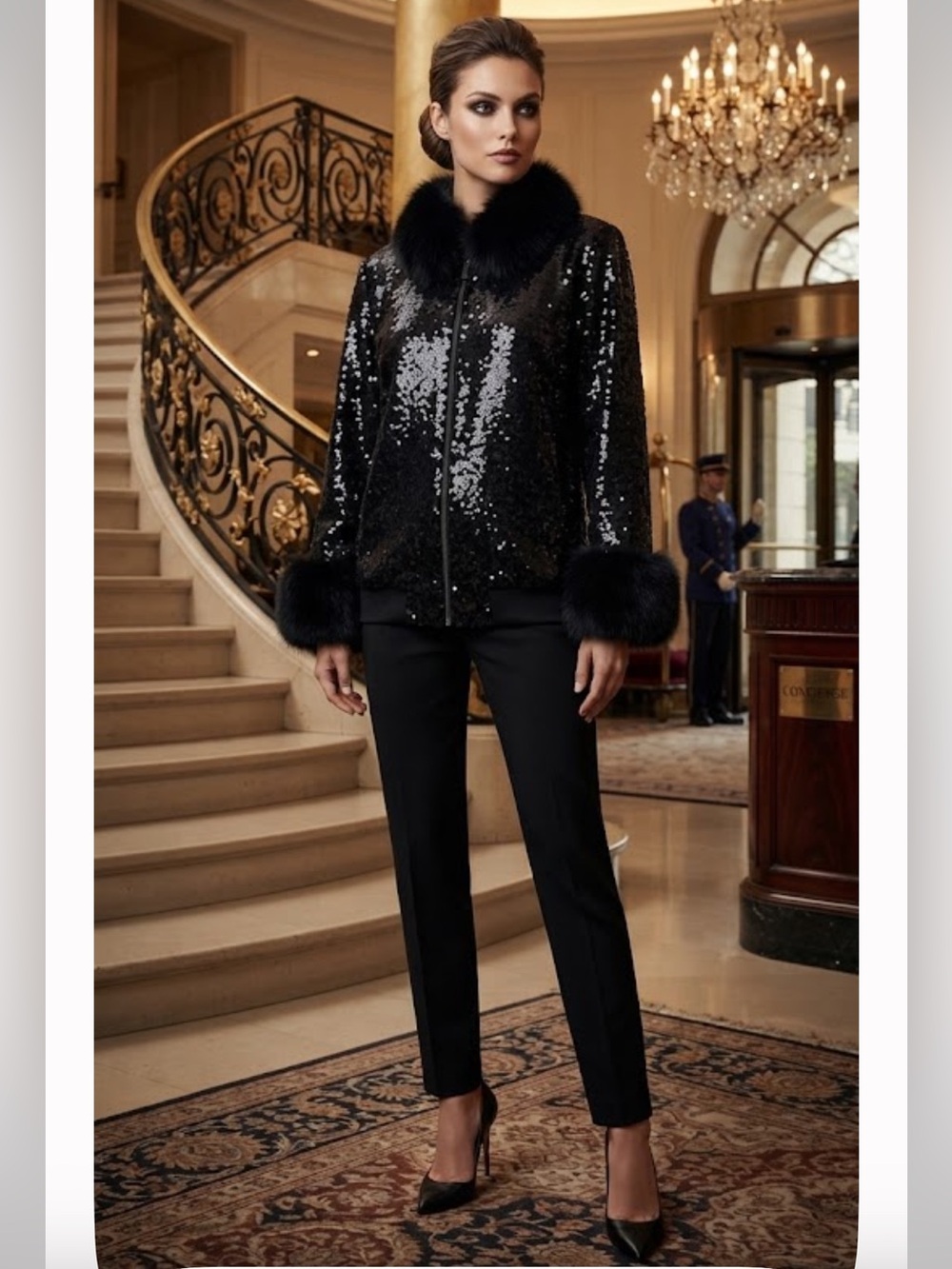 NWOT MODI Vintage Black Sequin Statement Jacket Silk & Real Fox Fur Trim Evening